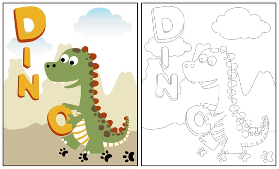 Vector cartoon of cute dinosaur with letters, coloring page or book