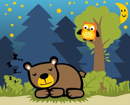 Cute bear sleeping with funny owl on tree at night under crescent moon, vector cartoon illustration