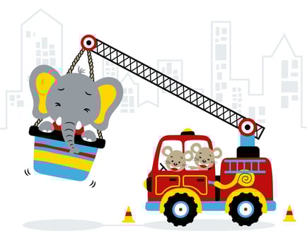 Funny mouse on firetruck, cute elephant on crane, vector cartoon illustration