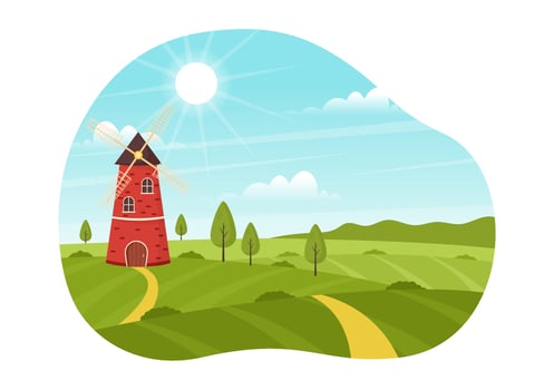 Bread Mill Illustration with Wheat Sacks, Various Breads and Windmill for Web Banner or Landing Page in Flat Cartoon Hand Drawn Templates vector