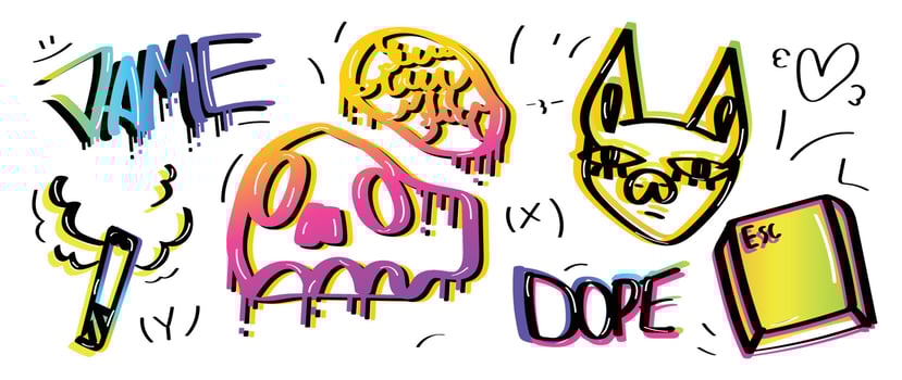Set of graffiti spray paint vector. Vibrant brush paint ink drip texture collection of text, word, smoke, brain, animal, keypad. Design illustration for decoration, card, sticker. banner, street art. vector