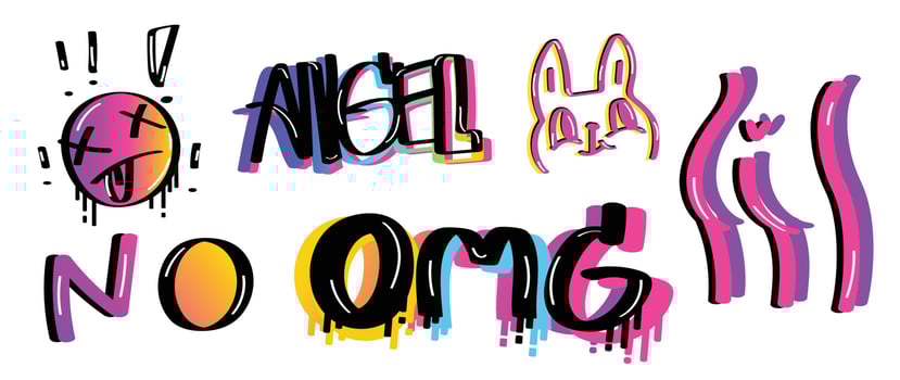 Set of graffiti spray paint vector. Vibrant brush paint ink drip texture collection of text, word, comic face, symbol, animal. Design illustration for decoration, card, sticker. banner, street art. vector