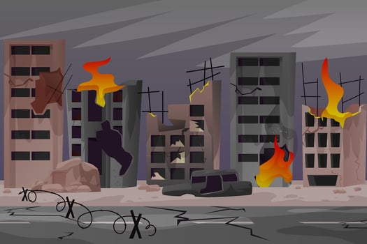 Destroyed city after the war. Consequences of the war. Destroyed houses. Vector illustration in modern style.