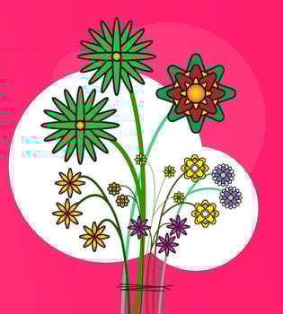 Floral backdrop decorated with gorgeous multicolored blooming flowers and leaves border. Spring botanical flat vector, psychedelic cartoon style vector