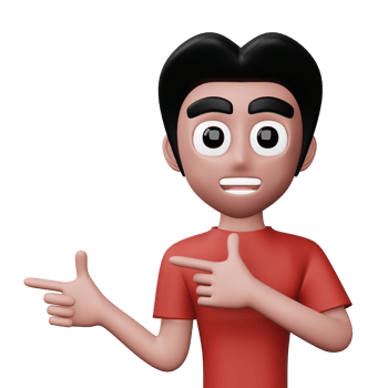 Happy excited man pointing to the side, Cute cartoon character, 3d rendering png