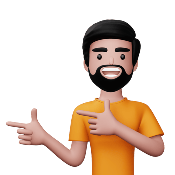 Happy excited man pointing to the side, Cute cartoon character, 3d rendering png