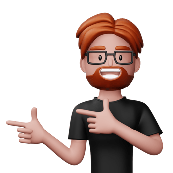 Happy excited man pointing to the side, Cute cartoon character, 3d rendering png
