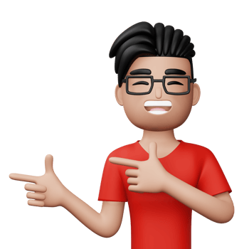 Happy excited man pointing to the side, Cute cartoon character, 3d rendering png