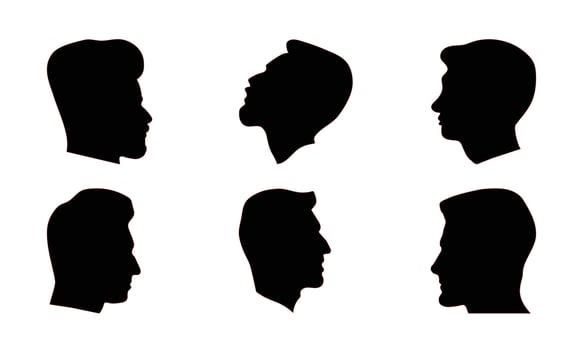 Silhouette man heads in profile. Black face outline avatars, professional male profiles anonymous portraits with hairstyle, vector set