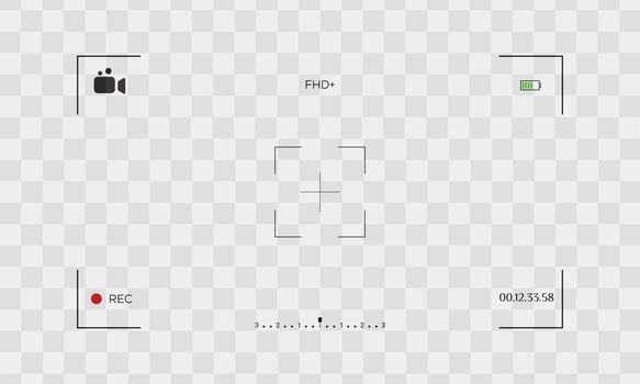 Classic digital video camera focusing screen. White wide framed viewfinder camera recording. Vector illustration