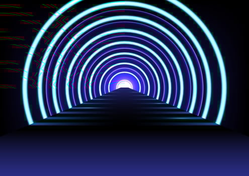 Abstract futuristic technology background with light effect. Tunnel optical illusion, spaceship corridor, science or teleport illuminating with fluorescent neon light. Vector illustration