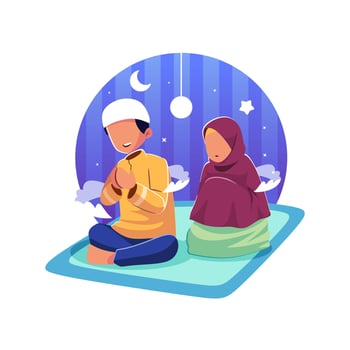 A muslim couple prays in a mosque. vector