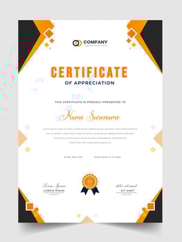Abstract Clean professional yellow certificate of appreciation template. diploma modern certificate with badge. Elegant business diploma layout for training graduation or course completion. vector