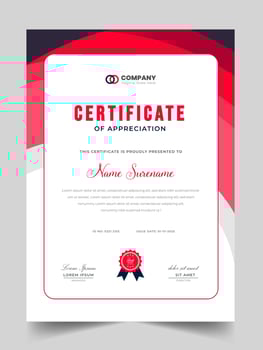 Abstract Clean professional red certificate of appreciation template. diploma modern certificate with badge. Elegant business diploma layout for training graduation or course completion. vector