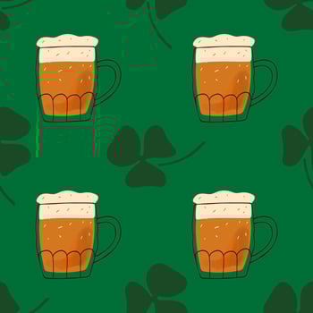 Seamless pattern with illustration stylized mug of beer on green background for St.Patrick holiday vector