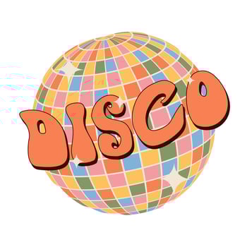 Disco ball and lettering in 70s retro hippie style. vector