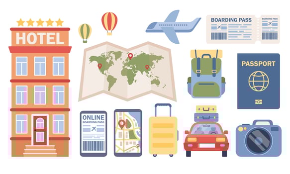 Set of travel and tourism icons. Vacation and adventure concept. Travel preparation. Vector flat illustration