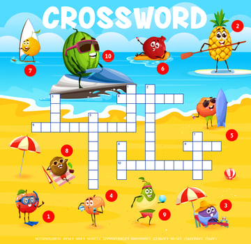 Crossword grid with fruits characters on sea beach vector