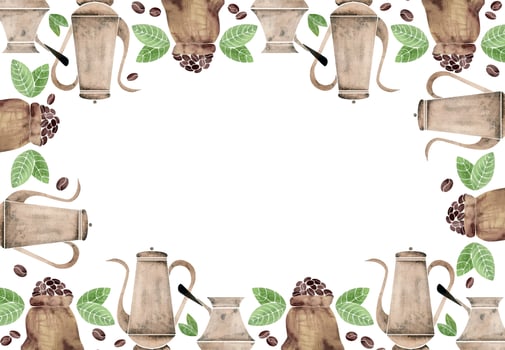 Watercolor hand drawn border frame with coffee copper turkish cezve, roasted beans, green leaves, pots. Isolated on white background. For invitations, cafe, restaurant food menu, print, website, cards vector