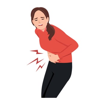 Diarrhea or constipation, problems with health concept. Young sad Woman standing feeling pain in stomach touching it with hands having Abdomen disease and illness vector