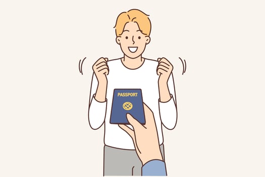 Hand stretching passport to excited man. Officer give identity document to happy male citizen. Citizenship and visa concept. Vector illustration.