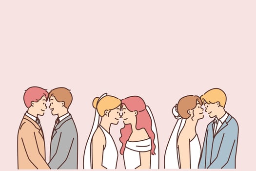 Variable wedding, illustration set. Flat vector stock illustration. LGBTQ lesbian and gay wedding. Different ethnos. LGBT groom, bride. Sexual orientation. Vector graphics