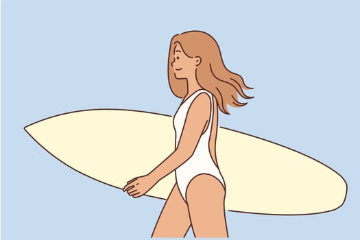 A surfer girl walks holding a surfboard in her hands. A happy woman in a swimsuit strolls along the beach, isolated on a white background. A relaxed girl enjoying an active lifestyle. vector