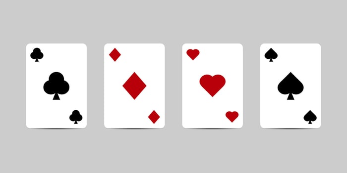 Playing cards icon set, Clubs, Diamonds, Hearts, Spades cards in flat style design with shadow effect isolated on grey background. vector