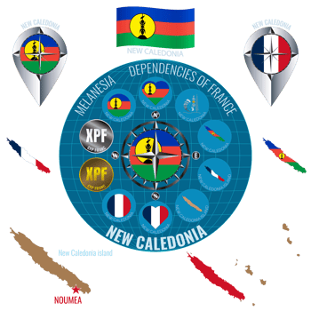 Set of illustrations of flag, contour map, money, icons of New Caledonia. DEPENDENCIES OF FRANCE. Travel concept. png