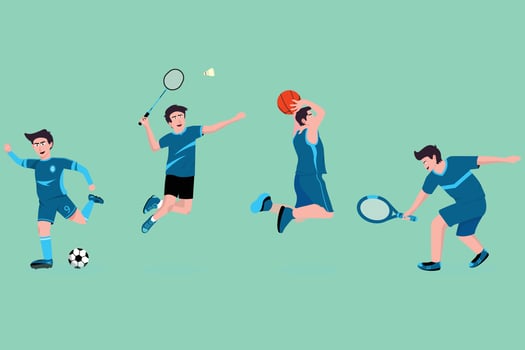vector men doing sports, football, badminton, basketball and tennis