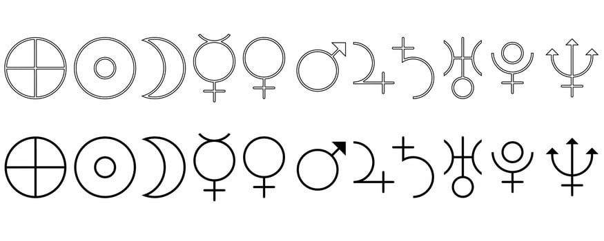 astrological sign set isolated on white background.Sun, Moon, Earth, Mercury, Venus, Mars, Jupiter, Saturn, Uranus, Neptune, Pluto Symbol vector