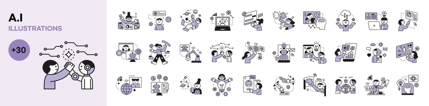 The Age of AI. Intelligence Meets Technology. Get information from Ai, do business, and illustration. mega set. vector