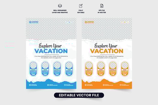 Vacation planner agency flyer design with blue and orange colors. Tour and travel business leaflet or poster decoration with discount sections and photo placeholders. Touring group promotion flyer. vector