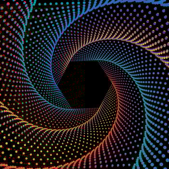 Blue, pink, orange hexagonal dotted spiral vortex vector background. Swirl pattern dots wallpaper.