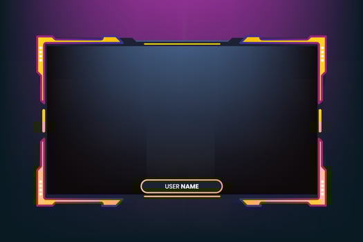 Futuristic gaming overlay template. Online gaming overlay design with buttons. Broadcast screen interface design with yellow and purple colors. Live streaming screen vector on a dark background.