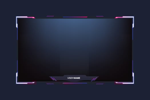 Futuristic gaming frame border design with online and offline screens. Modern gaming overlay layout vector for streamers. Live streaming overlay template design with simple shapes and buttons.