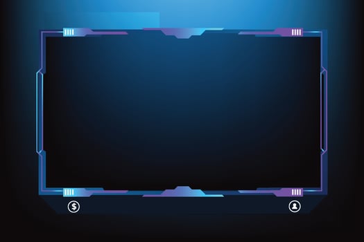 Futuristic live streaming button vector with blue color. Broadcast screen overlay design with digital abstract shapes. Live online gaming overlay and streaming icon vector with buttons.