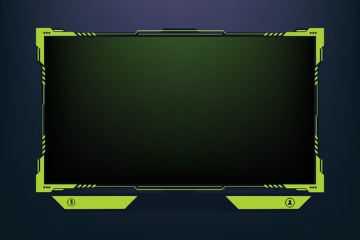 Live gaming overlay design with buttons and screen panels for online gamers. Gaming screen overlay decoration with futuristic shapes. Live streaming overlay vector with green and dark colors.