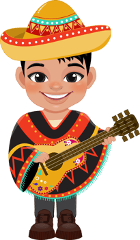 Cute boy in mexican folk outfit and playing guitar for celebrating Cinco de Mayo festival cartoon PNG