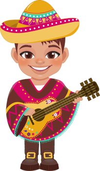Cute boy in mexican folk outfit and playing guitar for celebrating Cinco de Mayo festival cartoon PNG
