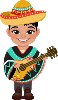 Cute boy in mexican folk outfit and playing guitar for celebrating Cinco de Mayo festival cartoon PNG