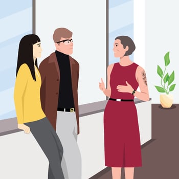 Colleagues in office flat vector illustration. Coworkers relaxing, chatting cartoon characters. Corporate worker, business people communicate