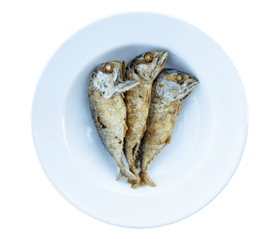Three fried mackerel fish on white plate png
