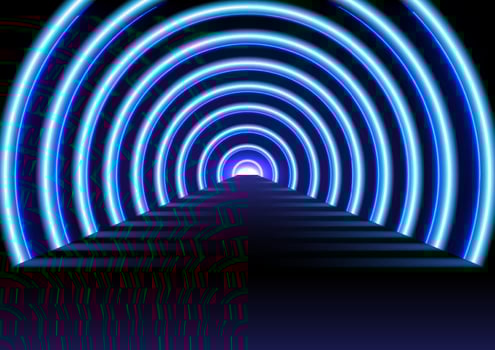 Abstract Technology Background Blue Glow Tunnel Perspectives and roads with glowing lines at the ends of lights illuminate the gradient background. vector