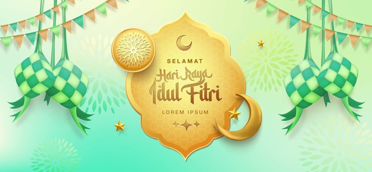 3d gold modern Islamic holiday banner, suitable for Ramadan, Eid Fitri, Eid Adha and Maulid. Moon and ketupat with islamic decor on soft green background. vector
