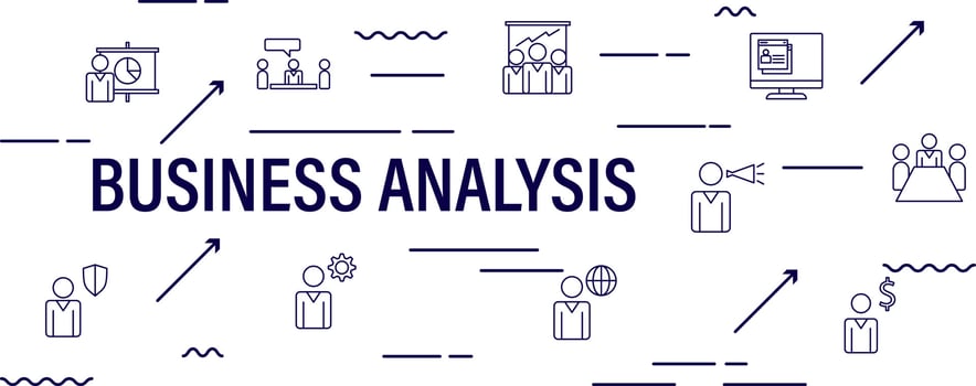Flat line illustration of business process, market research, analysis, planning, business management, strategy, finance and investment, business success. Concept for web banners and printed materials. vector