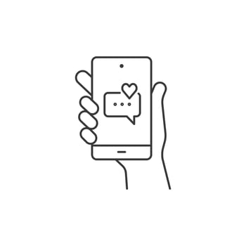 Hand hold smartphone, heart email send, new love message line icon. Phone message outline icon. Isolated vector