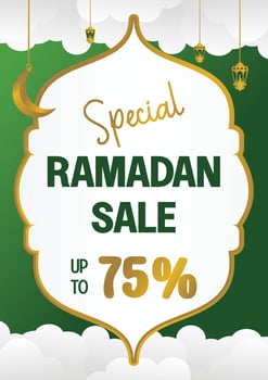 Editable Ramadan sale poster template. with paper cut ornaments, moon and lanterns. Design for social media and web. Vector illustration
