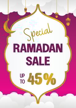 Editable Ramadan sale poster template. with paper cut ornaments, moon and lanterns. Design for social media and web. Vector illustration