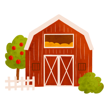 Farm builing isolated element. Cute red country house, farm barn, apple tree, bush plant, fence, garden. Hand drawn cartoon granary building, funny rural house png